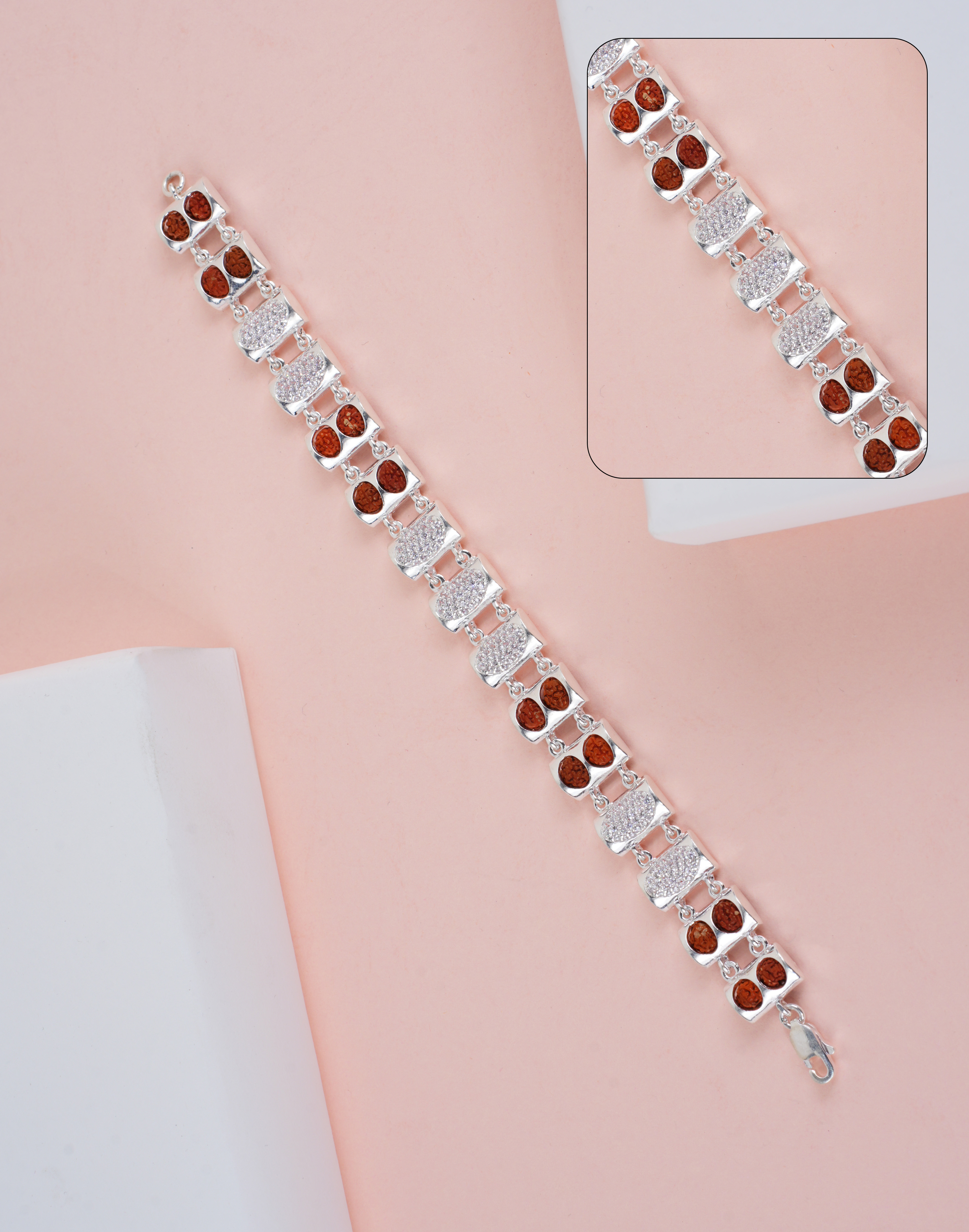 RUDRAKSH BRACELET SILVER CASTING RECTANGLE HALF CZ