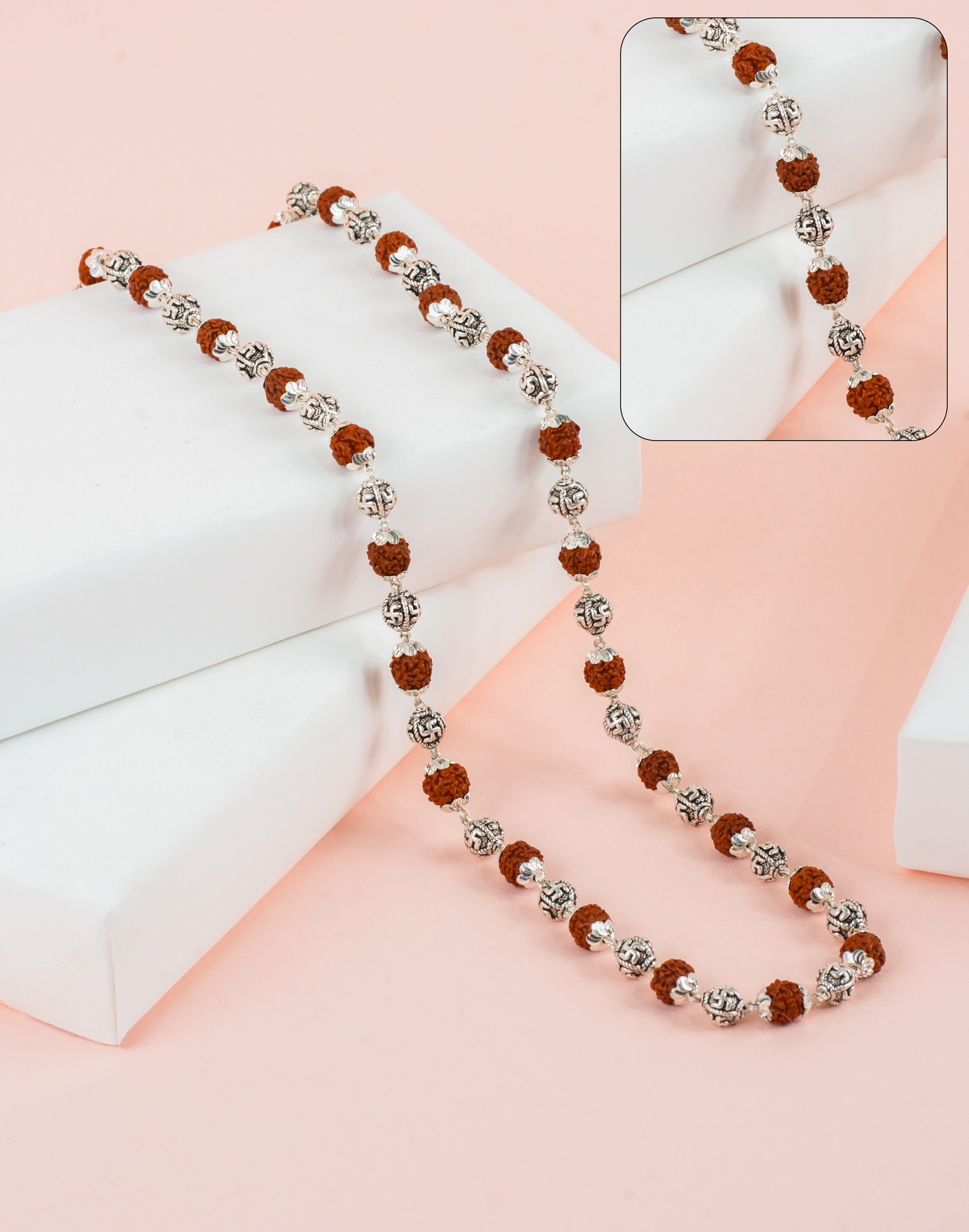 RUDRAKSH SILVER RUDRA MANGALA SWASTIK MALA 8-9 MM