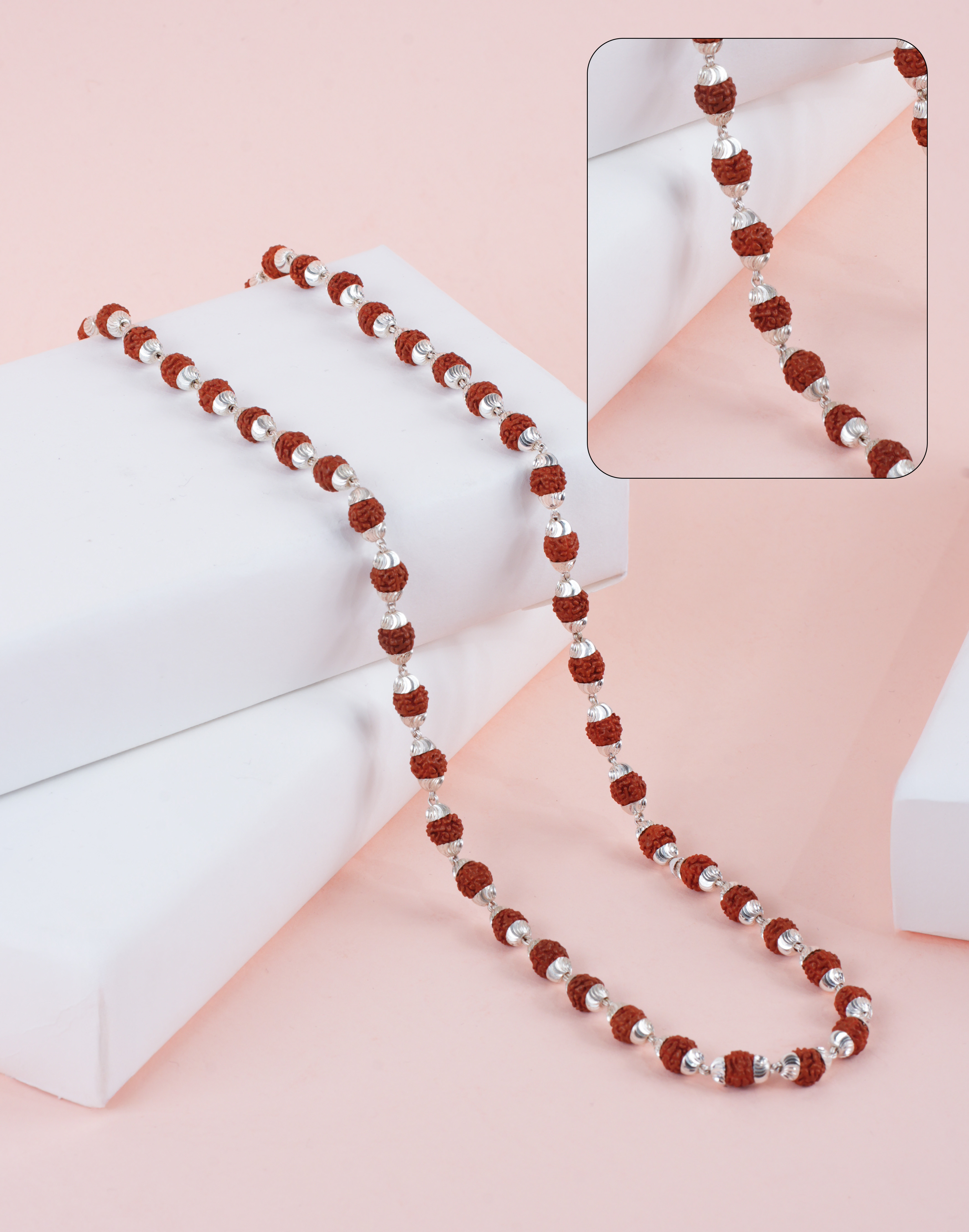 RUDRAKSH SILVER KAILASH MALA C CUT CAP 6-7 MM